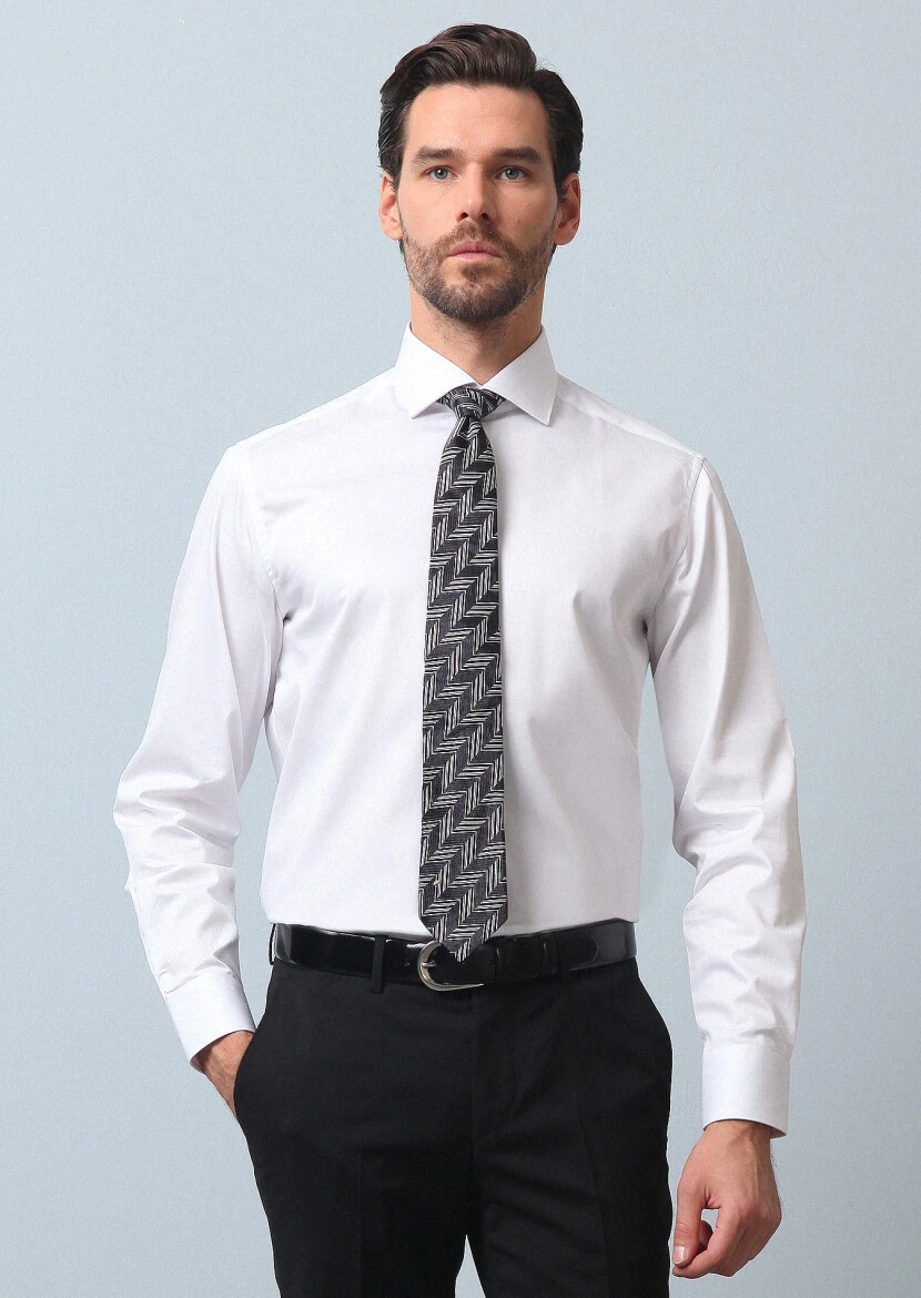 White Plain Regular Fit Weaving Classical 100% Cotton Shirt - 3