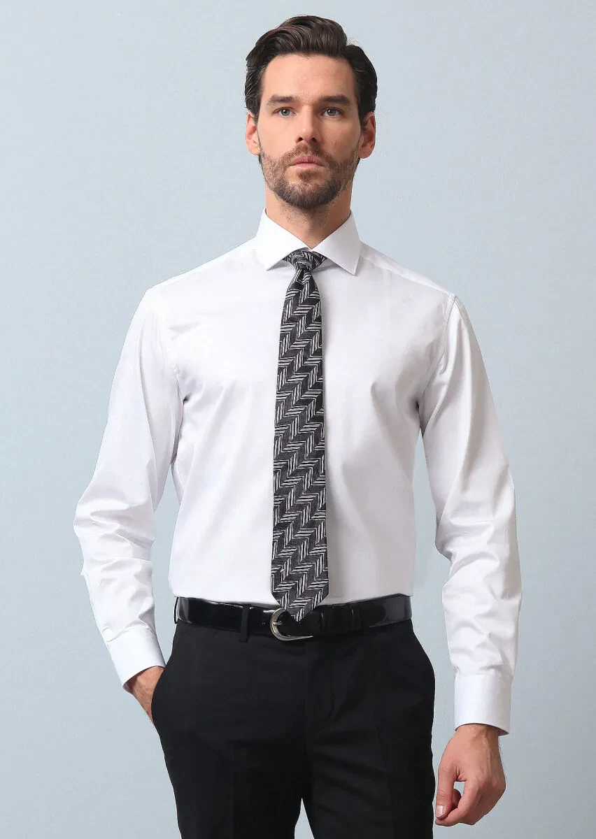 White Plain Regular Fit Weaving Classical 100% Cotton Shirt - 3