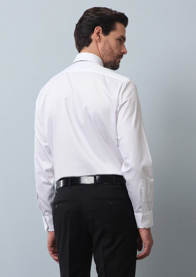 White Plain Regular Fit Weaving Classical 100% Cotton Shirt - 5