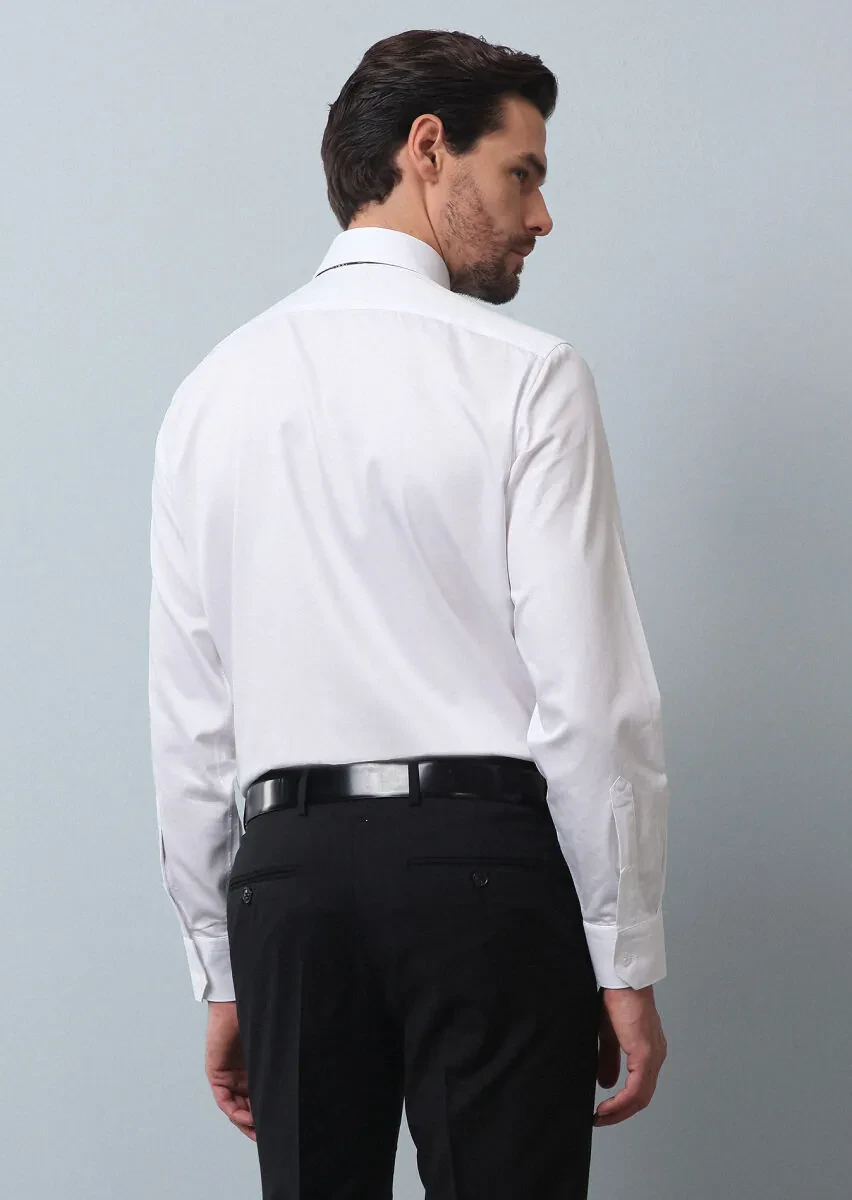 White Plain Regular Fit Weaving Classical 100% Cotton Shirt - 5