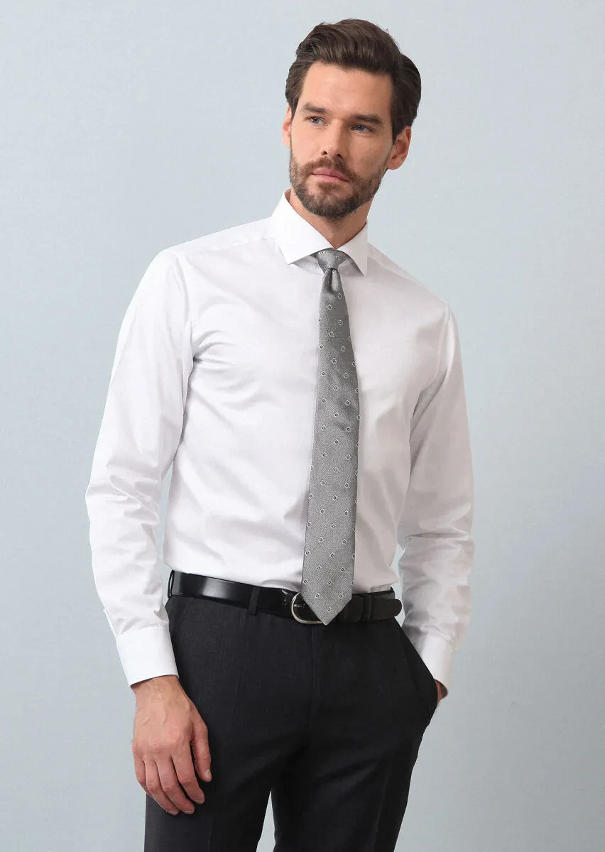 White Plain Regular Fit Weaving Classical 100% Cotton Shirt - 1