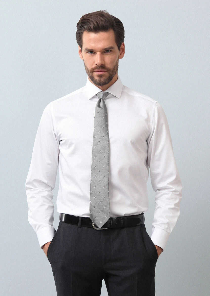 White Plain Regular Fit Weaving Classical 100% Cotton Shirt - 3