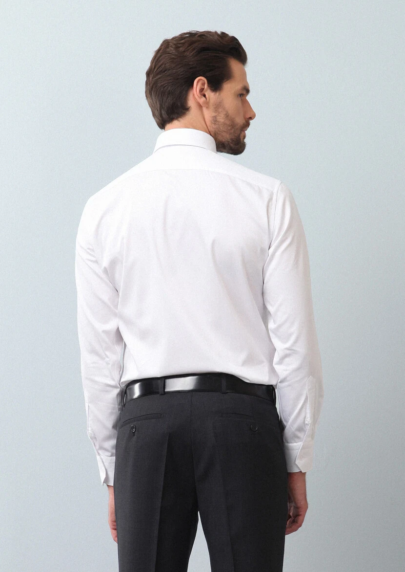 White Plain Regular Fit Weaving Classical 100% Cotton Shirt - 5