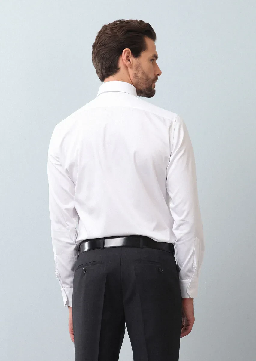 White Plain Regular Fit Weaving Classical 100% Cotton Shirt - 5