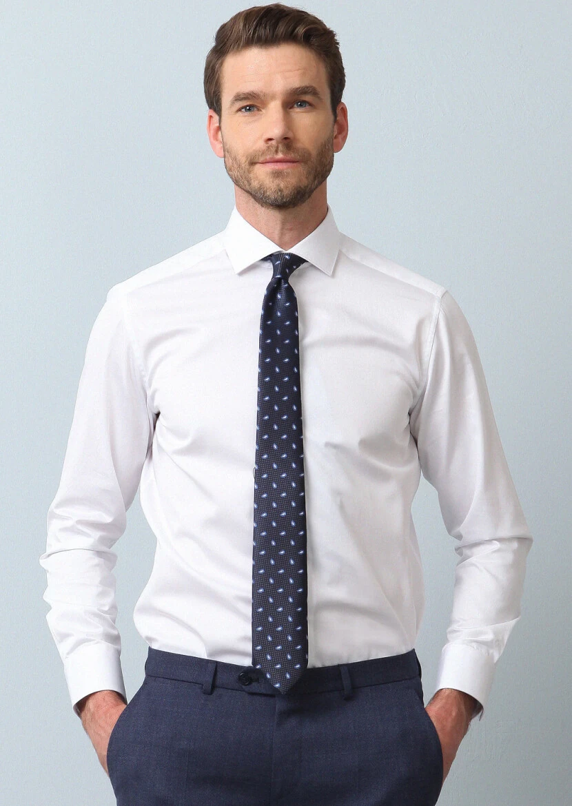 White Plain Regular Fit Weaving Classical 100% Cotton Shirt 