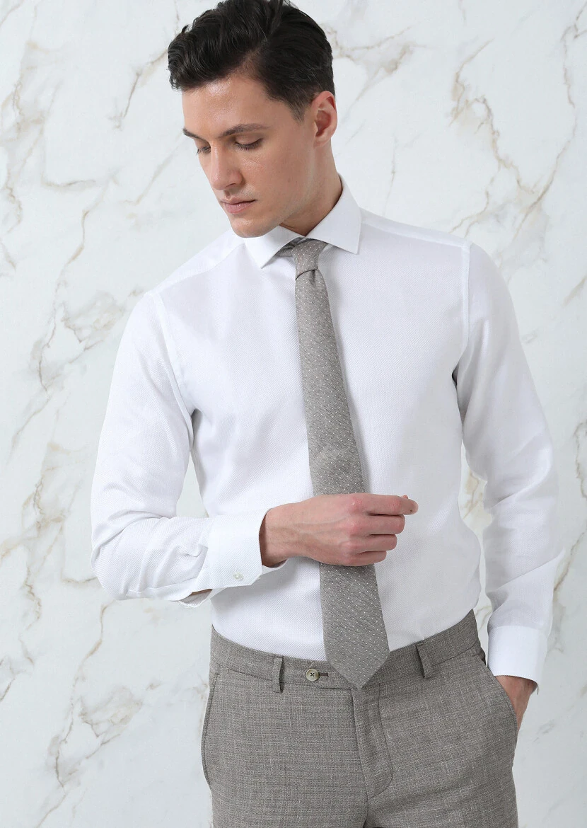 White Plain Regular Fit Weaving Classical 100% Cotton Shirt - 2