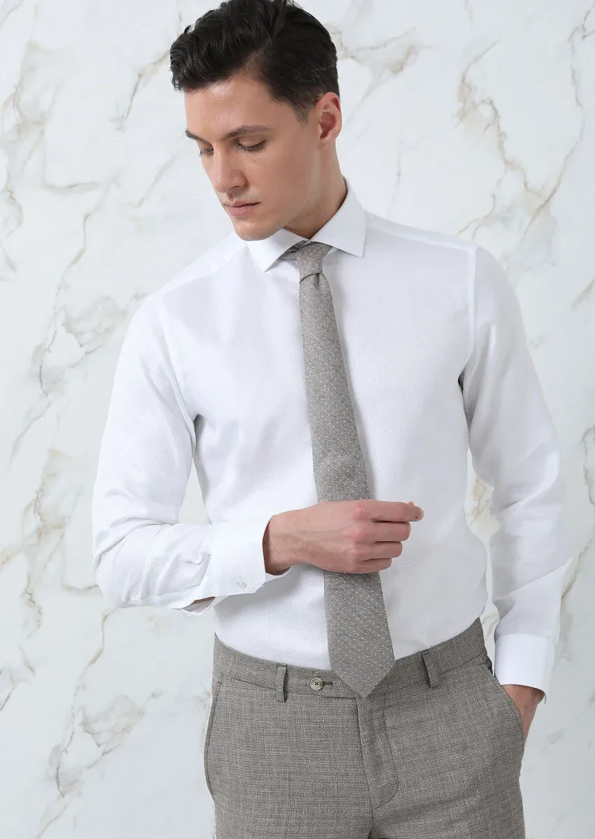 White Plain Regular Fit Weaving Classical 100% Cotton Shirt - 2