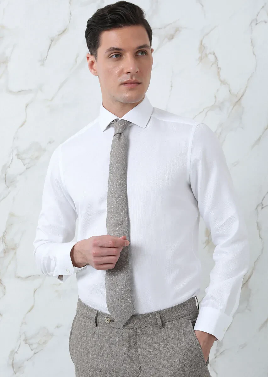 White Plain Regular Fit Weaving Classical 100% Cotton Shirt - 3