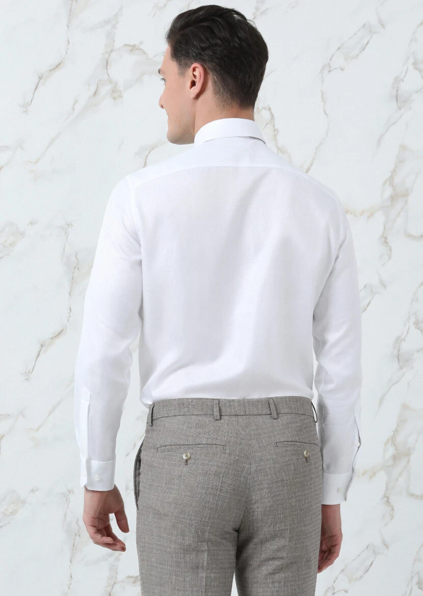 White Plain Regular Fit Weaving Classical 100% Cotton Shirt - 5