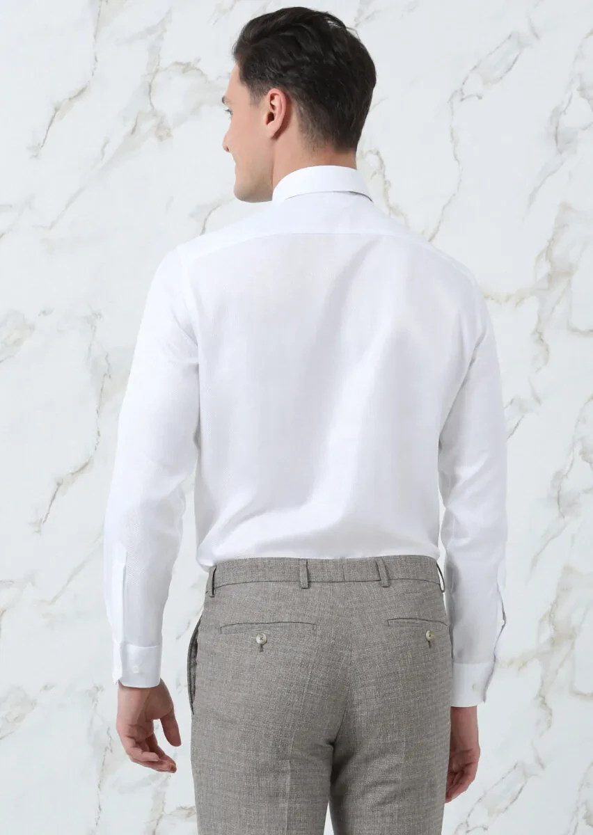 White Plain Regular Fit Weaving Classical 100% Cotton Shirt - 5