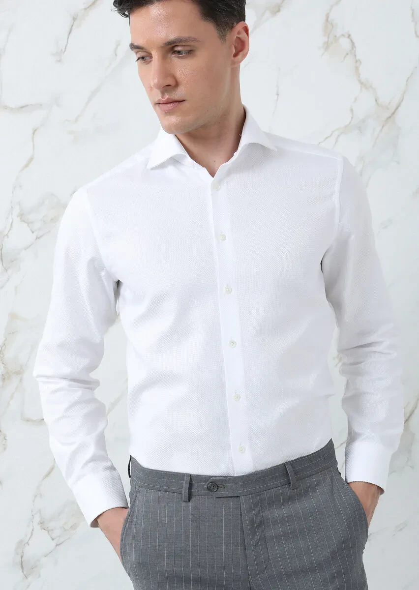 White Plain Regular Fit Weaving Classical 100% Cotton Shirt - 1