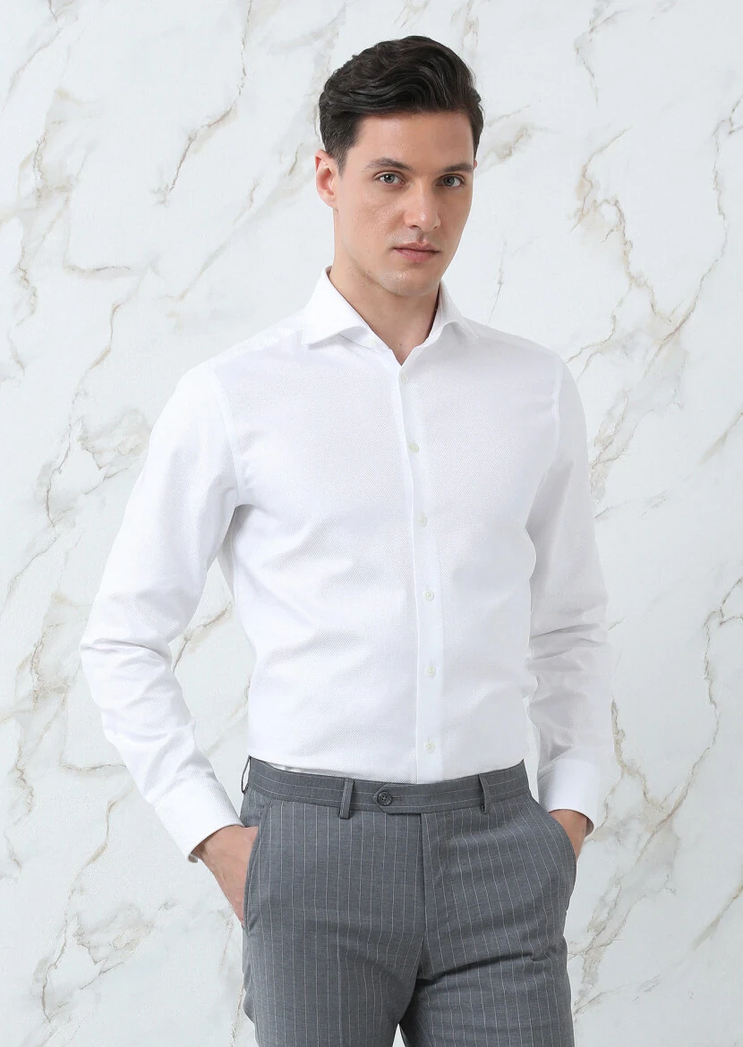 White Plain Regular Fit Weaving Classical 100% Cotton Shirt - 2