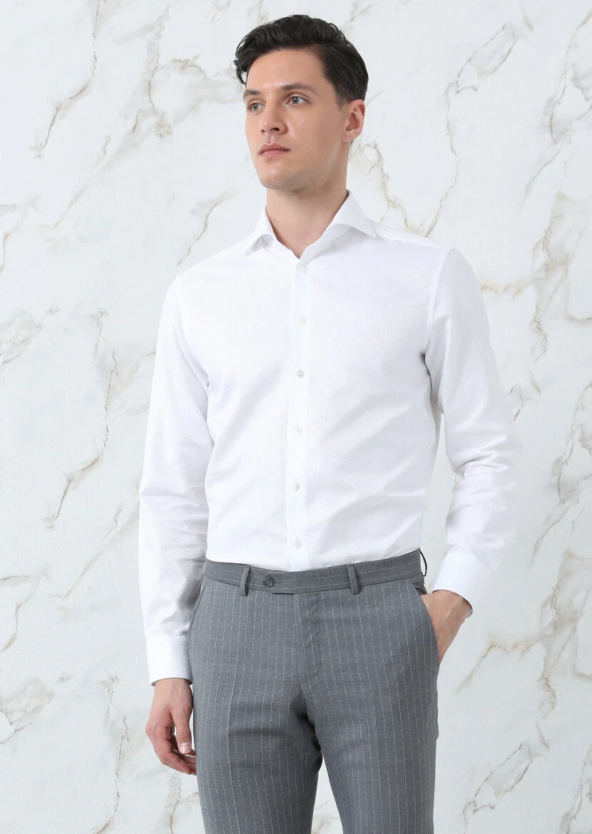 White Plain Regular Fit Weaving Classical 100% Cotton Shirt - 4