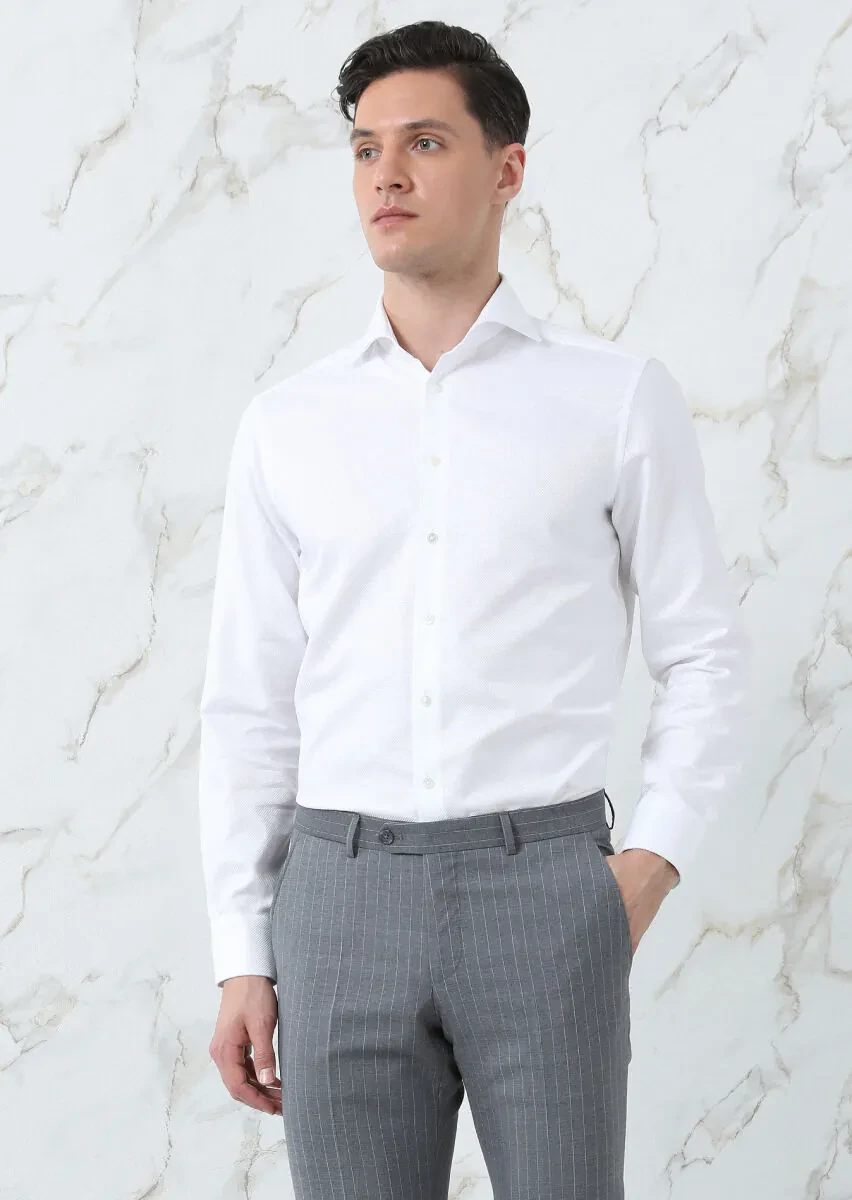White Plain Regular Fit Weaving Classical 100% Cotton Shirt - 4