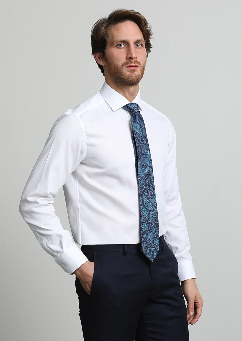 White Plain Regular Fit Weaving Classical 100% Cotton Shirt - 1