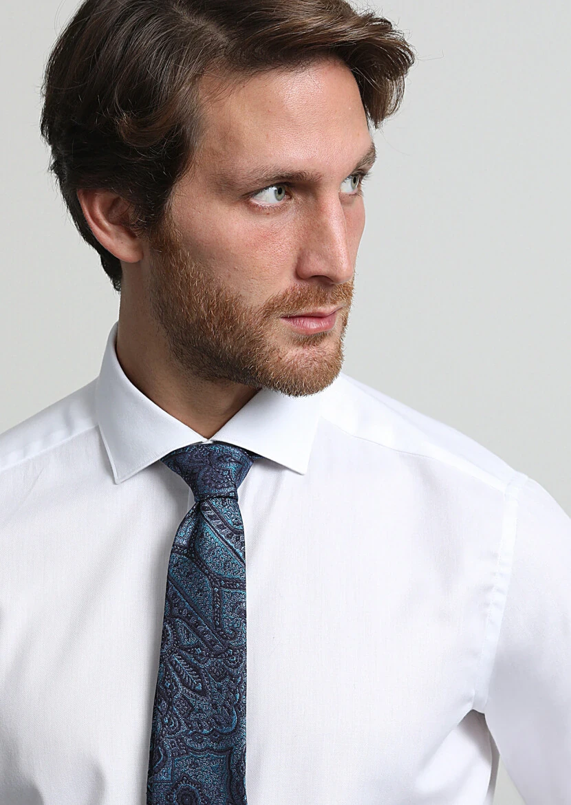 White Plain Regular Fit Weaving Classical 100% Cotton Shirt - 2