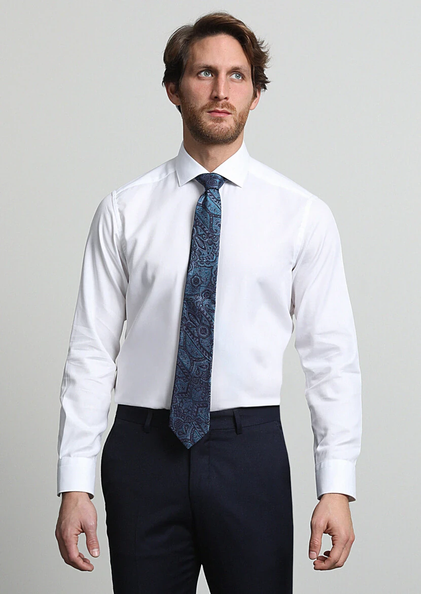 White Plain Regular Fit Weaving Classical 100% Cotton Shirt - 3