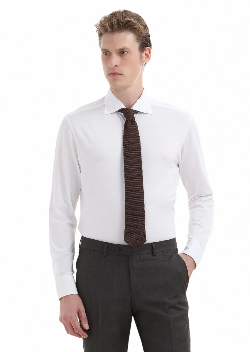 White Plain Regular Fit Weaving Classical 100% Cotton Shirt - 1