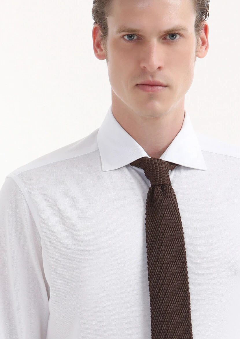 White Plain Regular Fit Weaving Classical 100% Cotton Shirt - 3