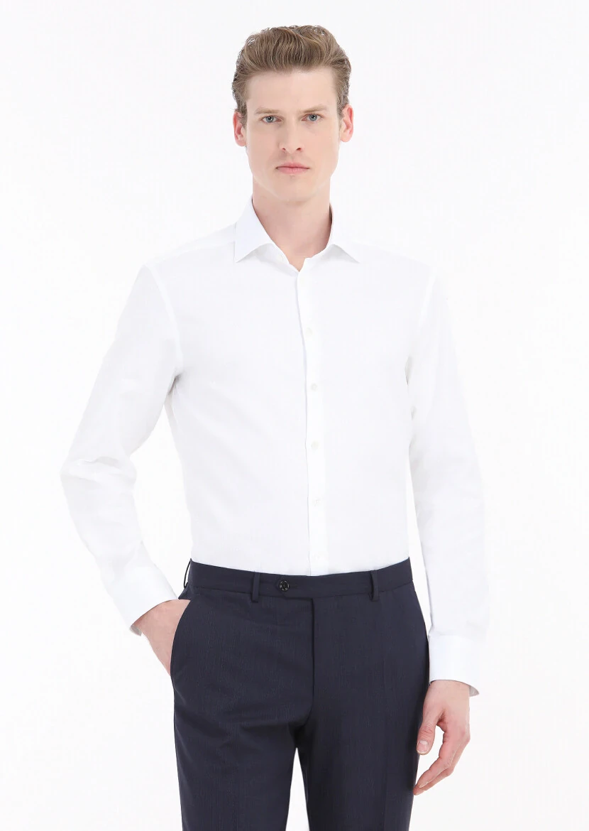White Plain Regular Fit Weaving Classical 100% Cotton Shirt - 2