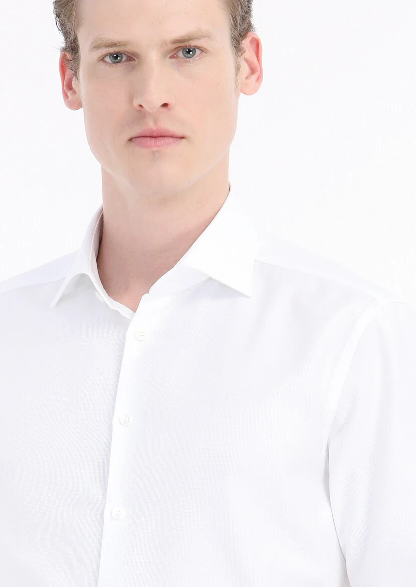 White Plain Regular Fit Weaving Classical 100% Cotton Shirt - 3
