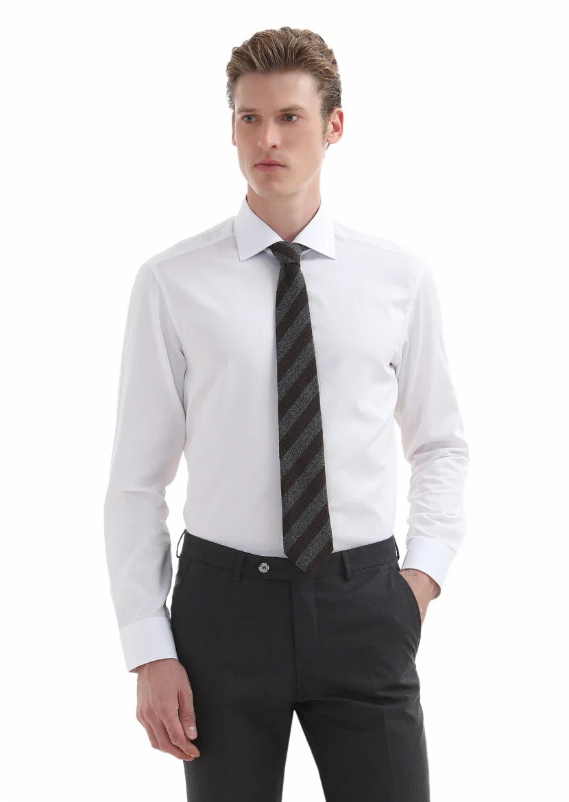 White Plain Regular Fit Weaving Classical 100% Cotton Shirt - 2