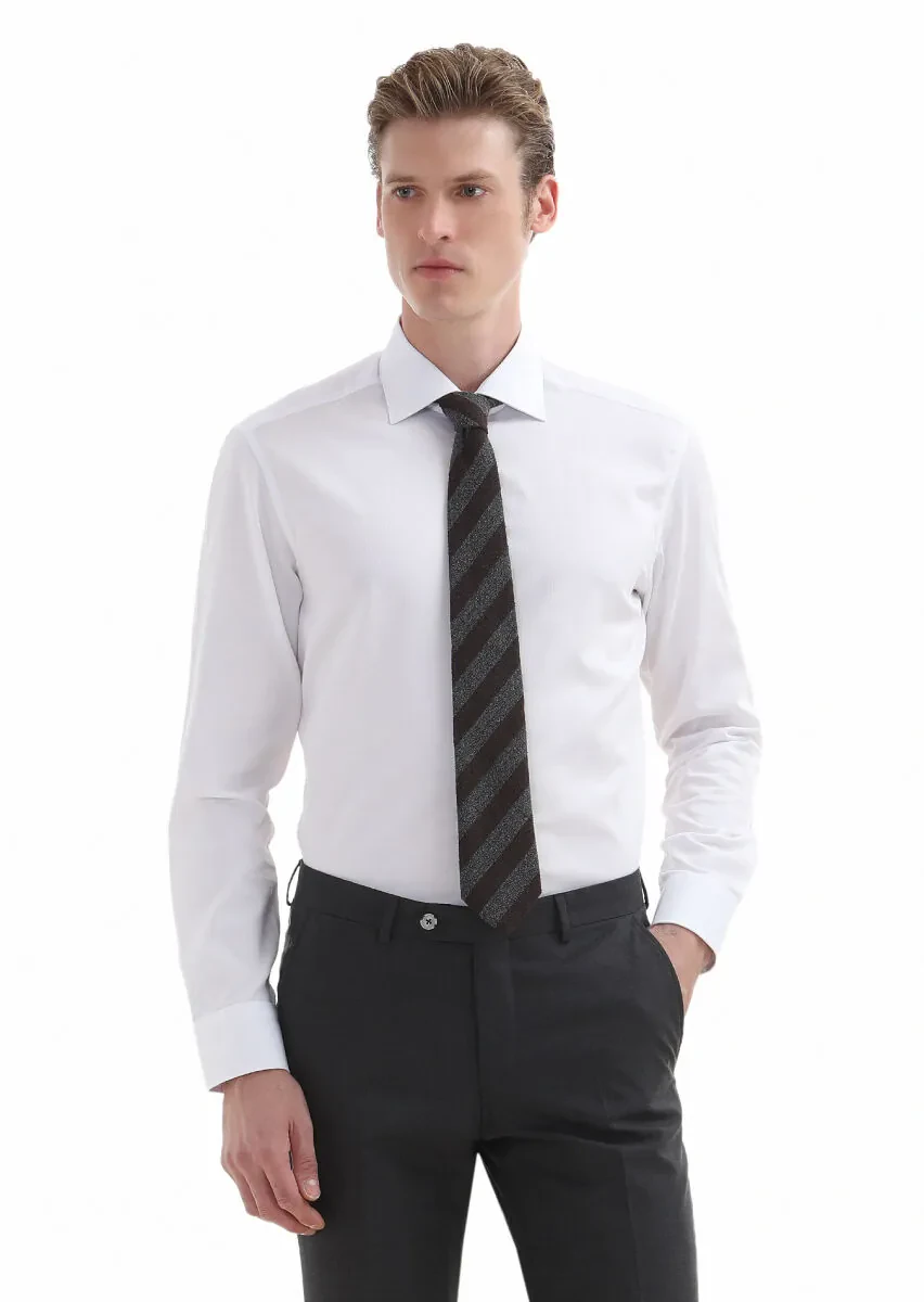 White Plain Regular Fit Weaving Classical 100% Cotton Shirt - 2