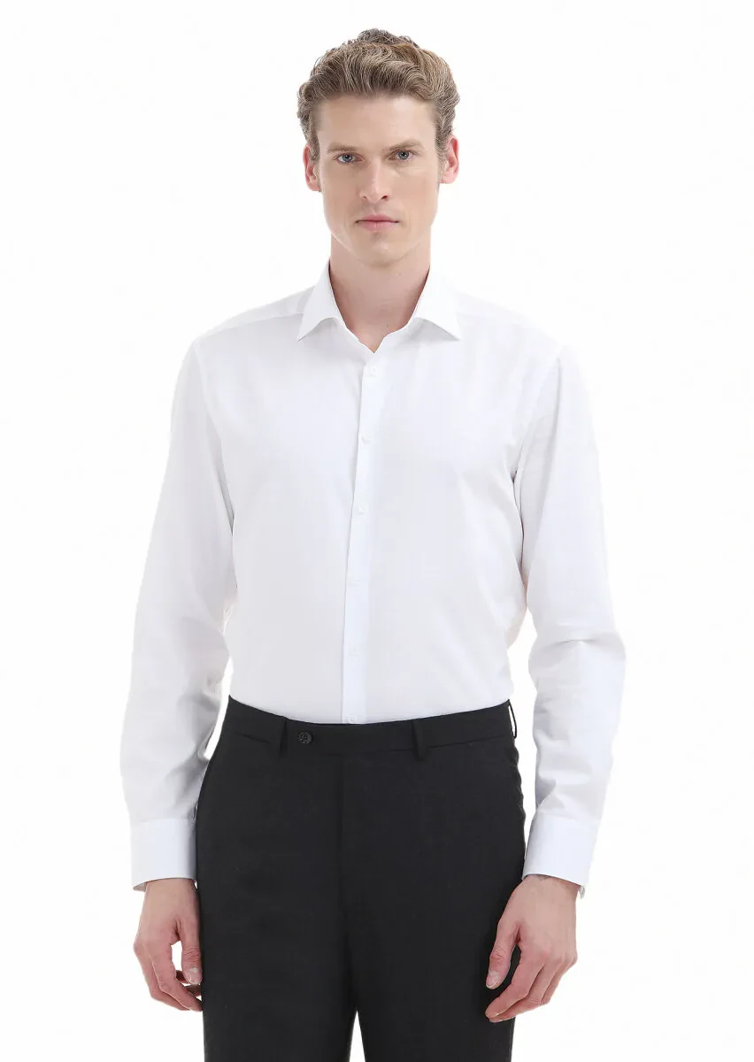 White Plain Regular Fit Weaving Classical 100% Cotton Shirt - 1