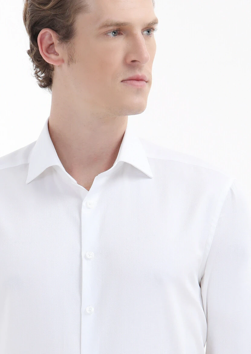 White Plain Regular Fit Weaving Classical 100% Cotton Shirt - 4