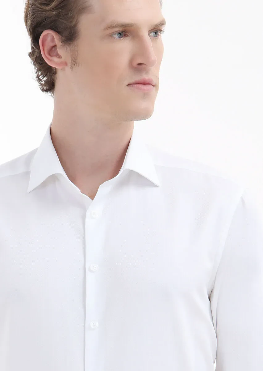White Plain Regular Fit Weaving Classical 100% Cotton Shirt - 4