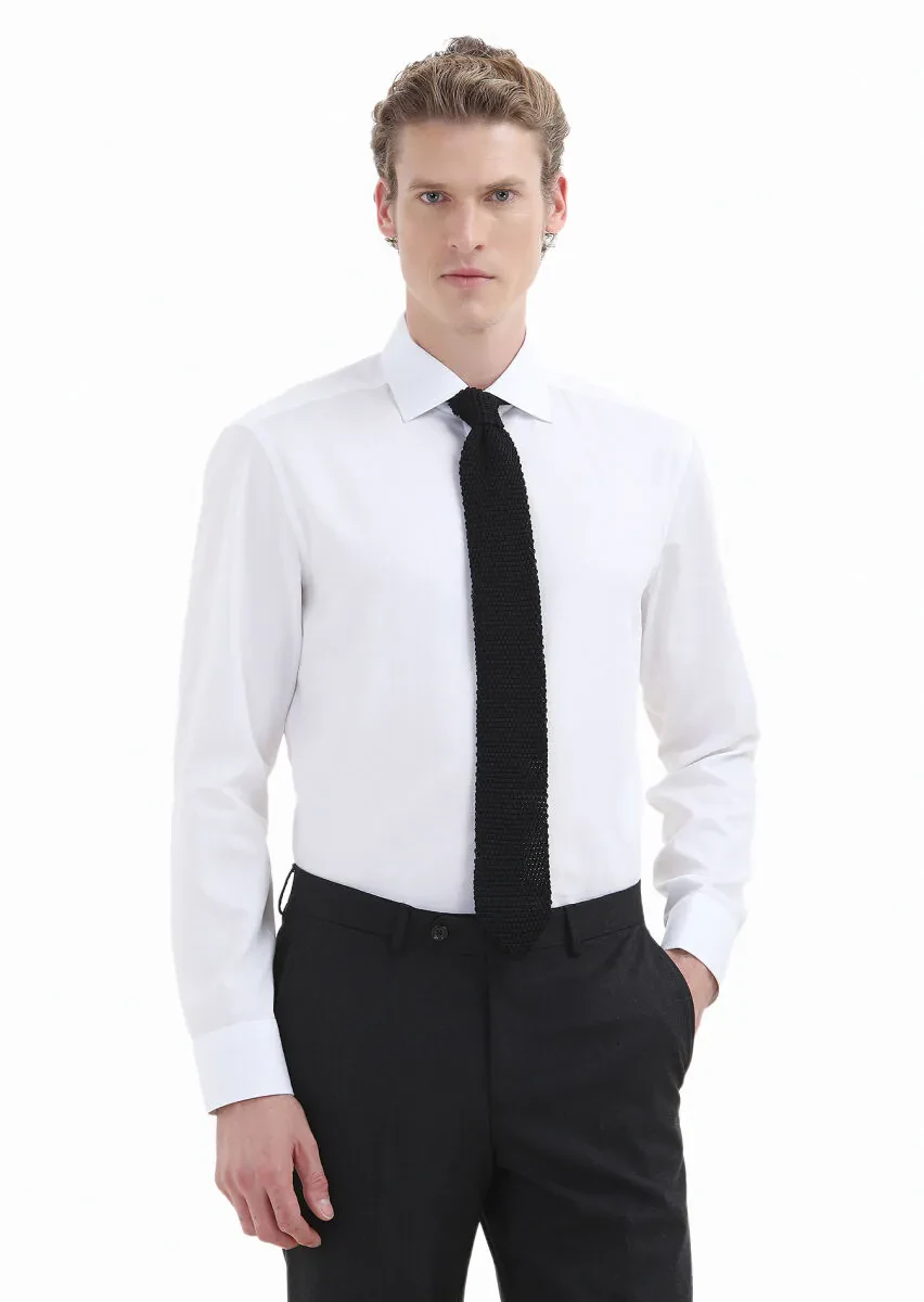 White Plain Regular Fit Weaving Classical 100% Cotton Shirt - 1