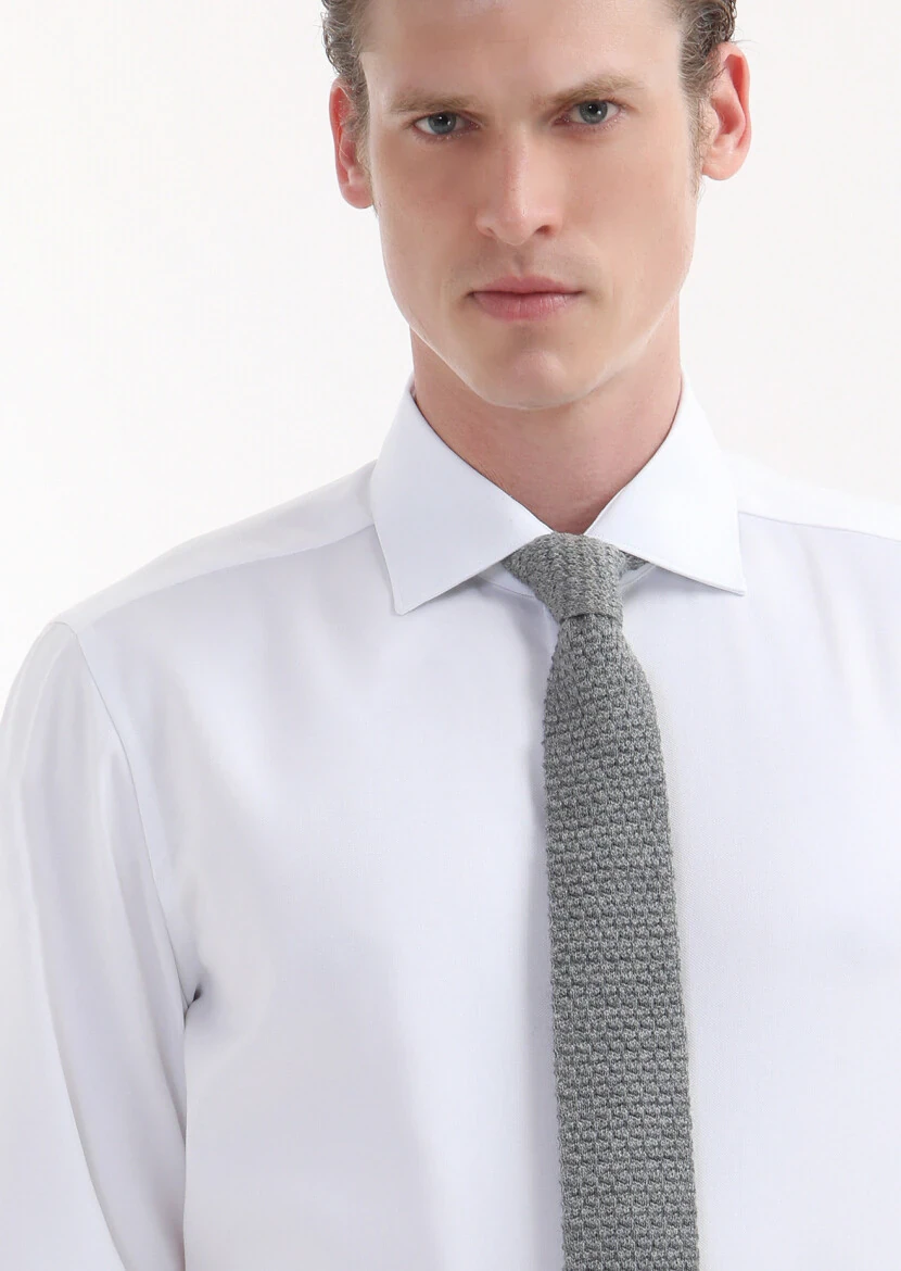 White Plain Regular Fit Weaving Classical 100% Cotton Shirt - 3