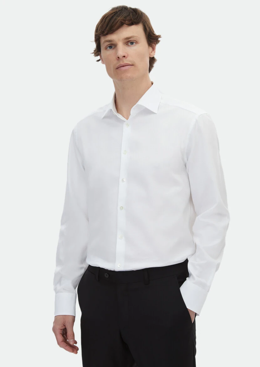 White Plain Regular Fit Weaving Classical 100% Cotton Shirt - RAMSEY