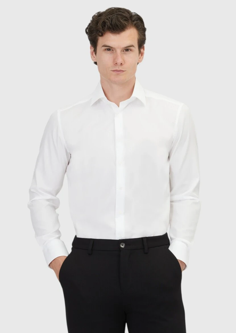 White Plain Regular Fit Weaving Classical 100% Cotton Shirt - RAMSEY