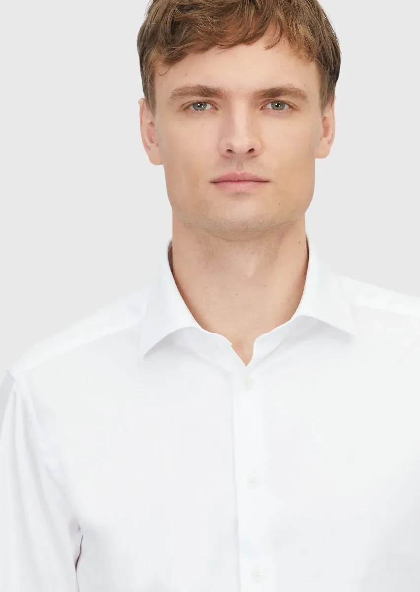 White Plain Regular Fit Weaving Classical 100% Cotton Shirt - 3