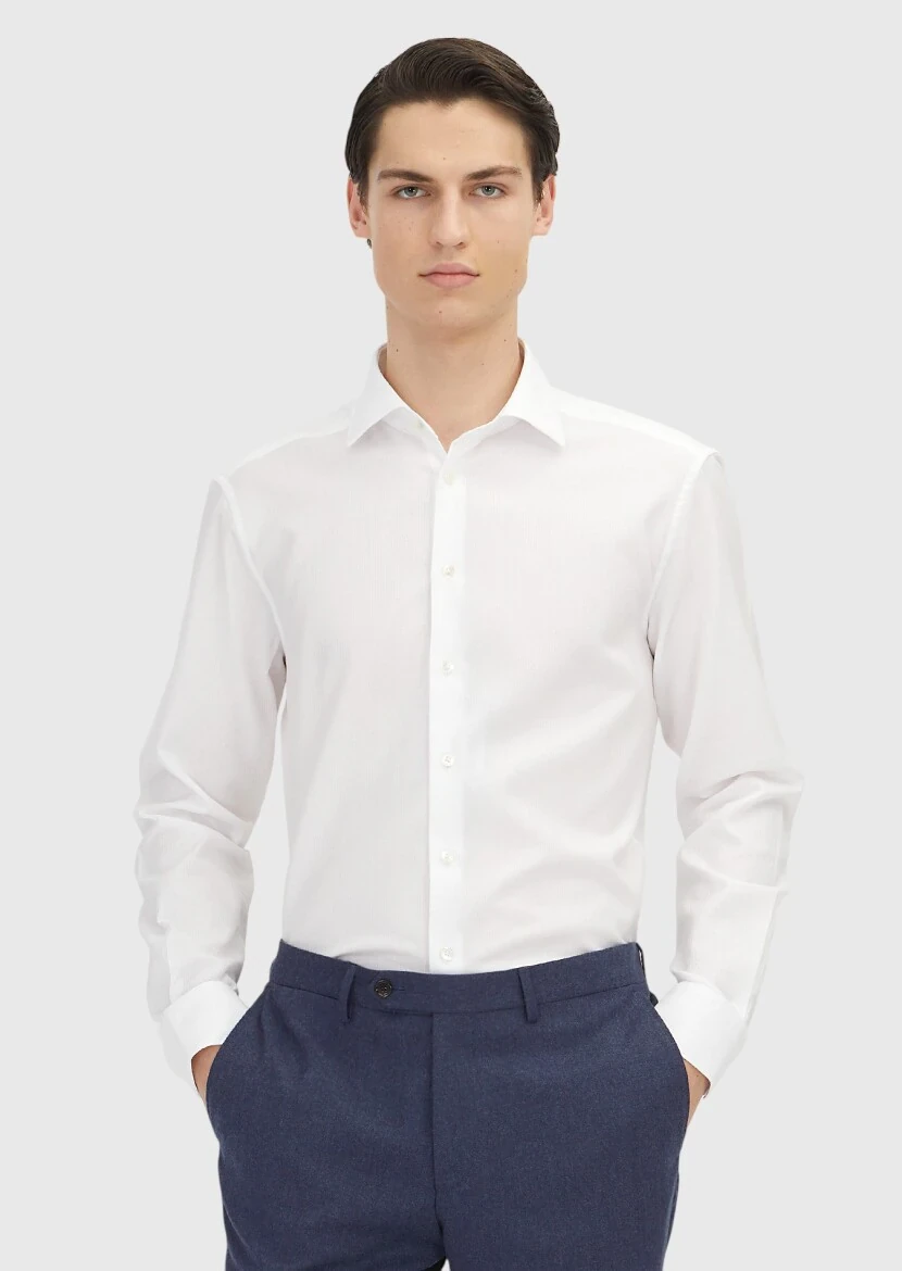 White Plain Regular Fit Weaving Classical 100% Cotton Shirt - RAMSEY