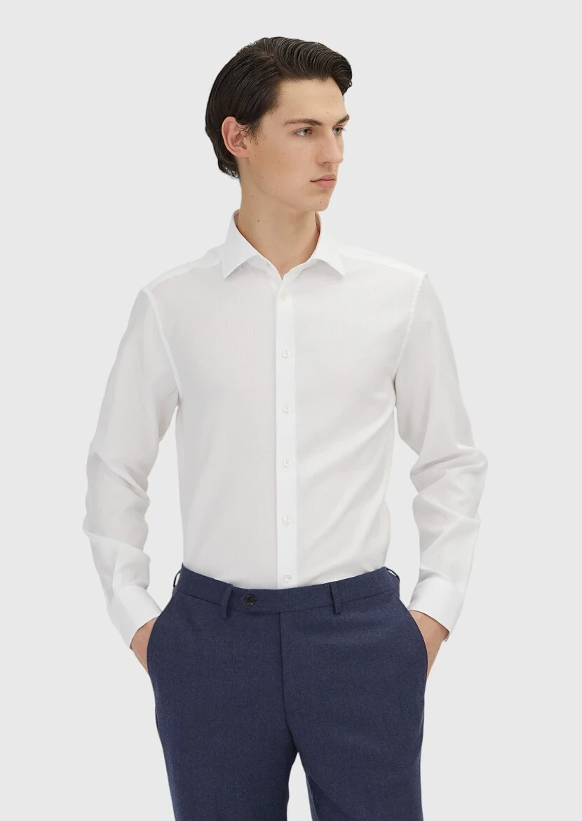 White Plain Regular Fit Weaving Classical 100% Cotton Shirt - RAMSEY