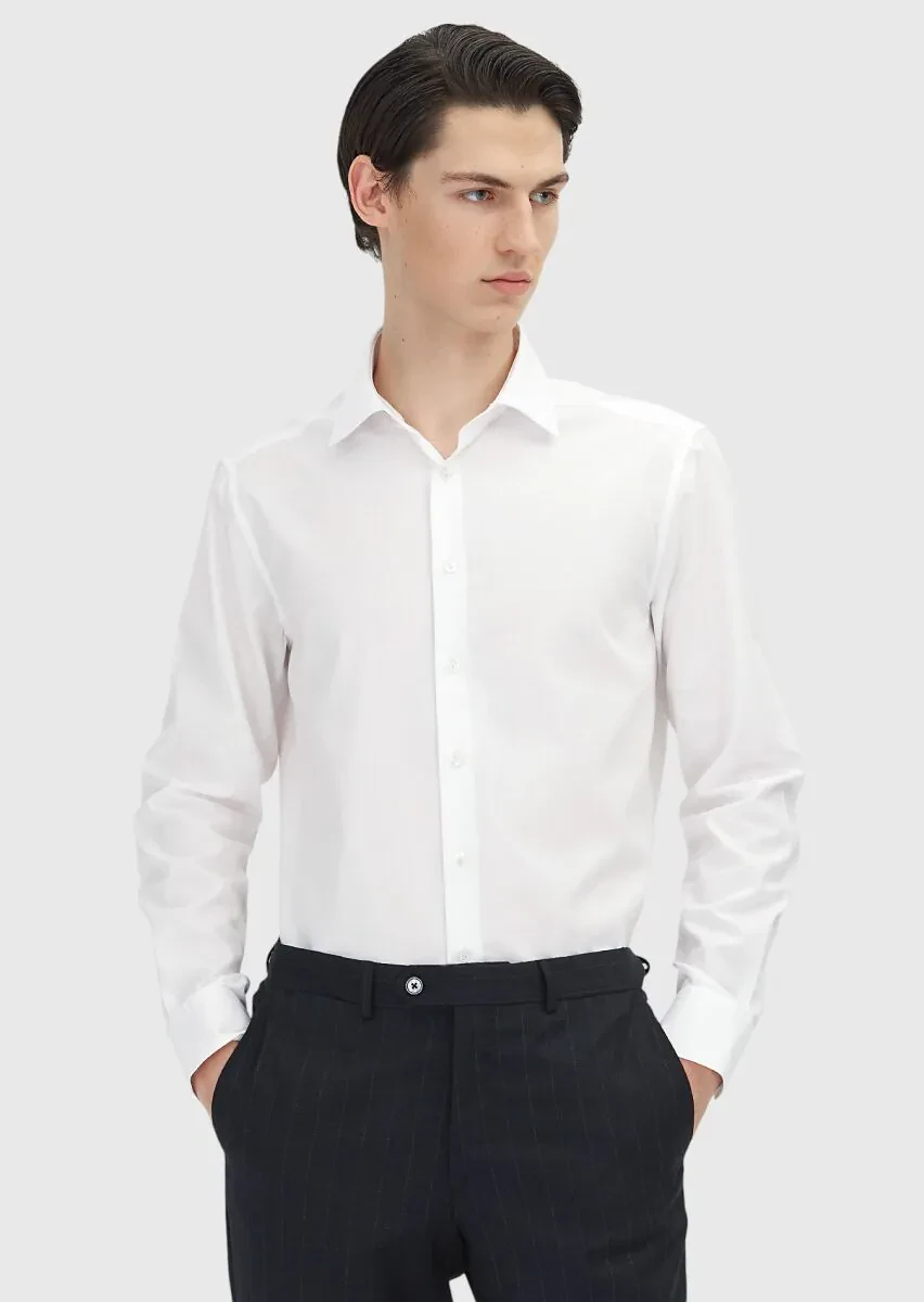 White Plain Regular Fit Weaving Classical 100% Cotton Shirt - 2