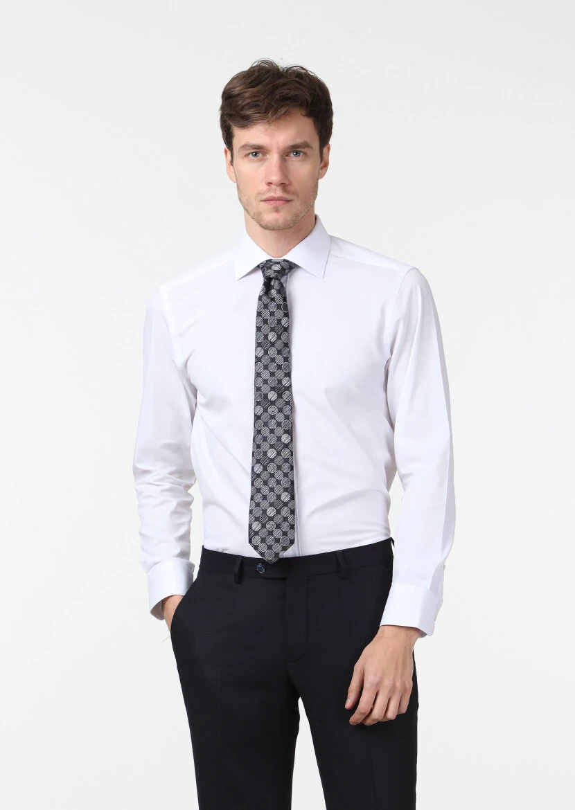 White Plain Regular Fit Weaving Classical Cotton Blended Shirt - RAMSEY