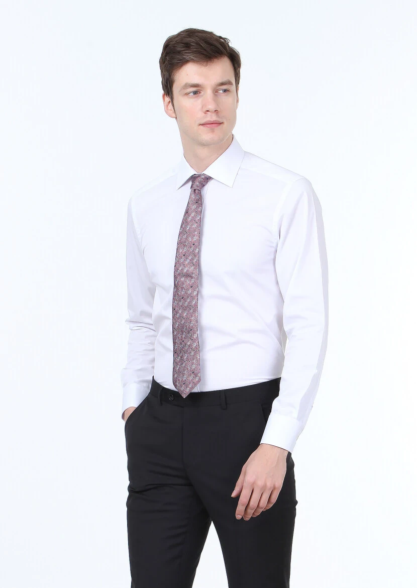 White Plain Regular Fit Weaving Classical Cotton Blended Shirt - RAMSEY