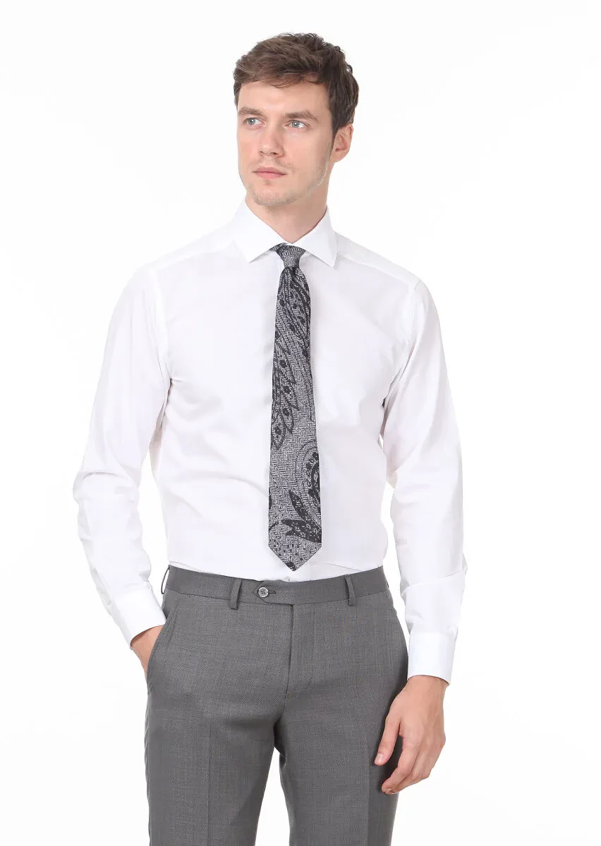 White Plain Regular Fit Weaving Classical Cotton Blended Shirt - 1