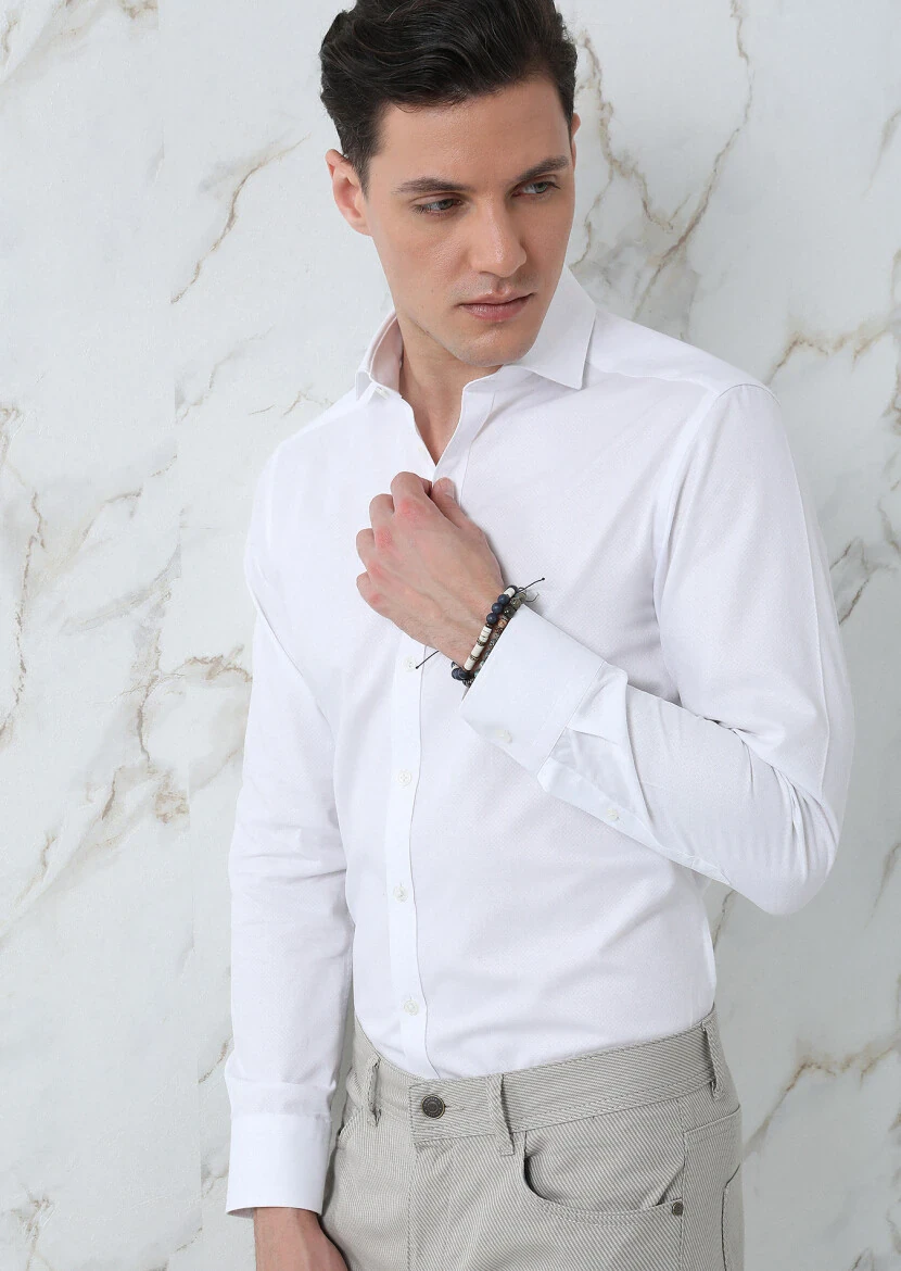 White Plain Regular Fit Weaving Classical Cotton Blended Shirt - 4