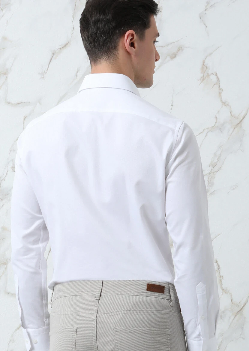 White Plain Regular Fit Weaving Classical Cotton Blended Shirt - 5