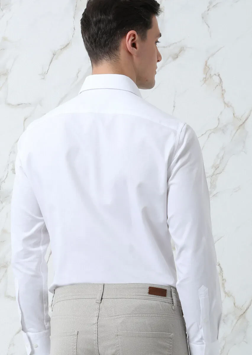 White Plain Regular Fit Weaving Classical Cotton Blended Shirt - 5