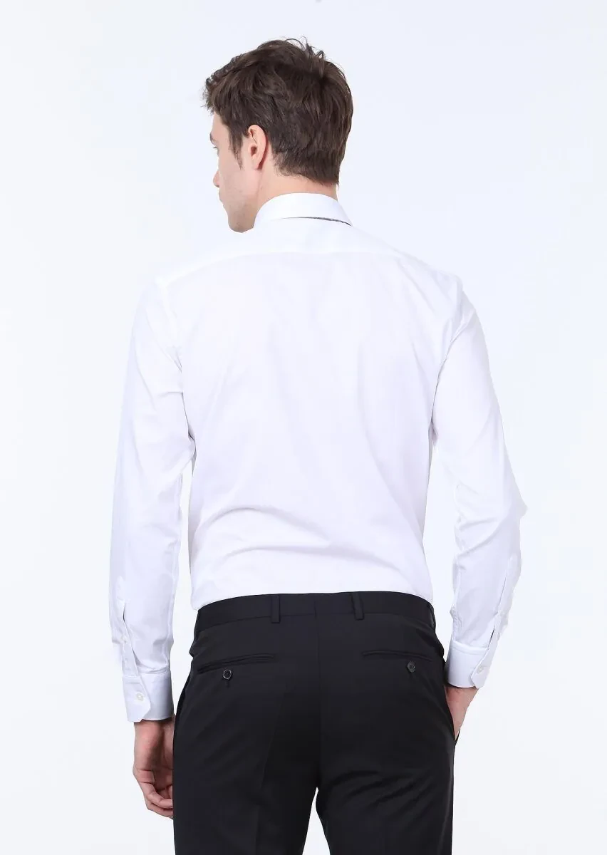White Plain Regular Fit Weaving Classical Cotton Blended Shirt - 4