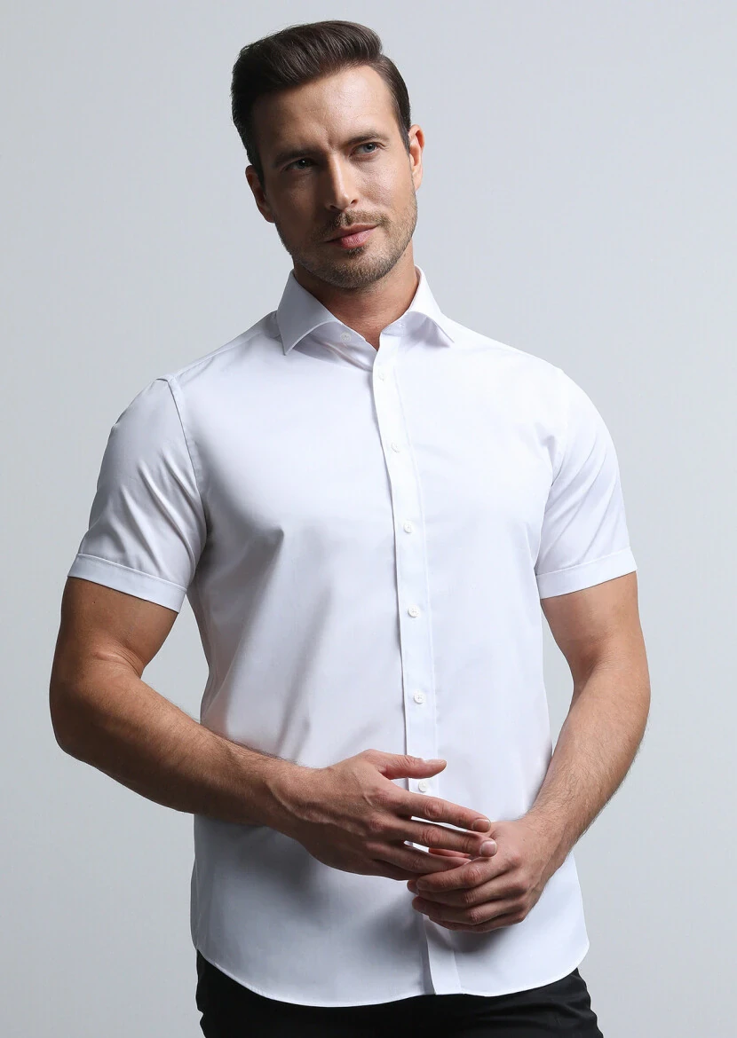 White Plain Regular Fit Weaving Classical Cotton Blended Shirt - 2
