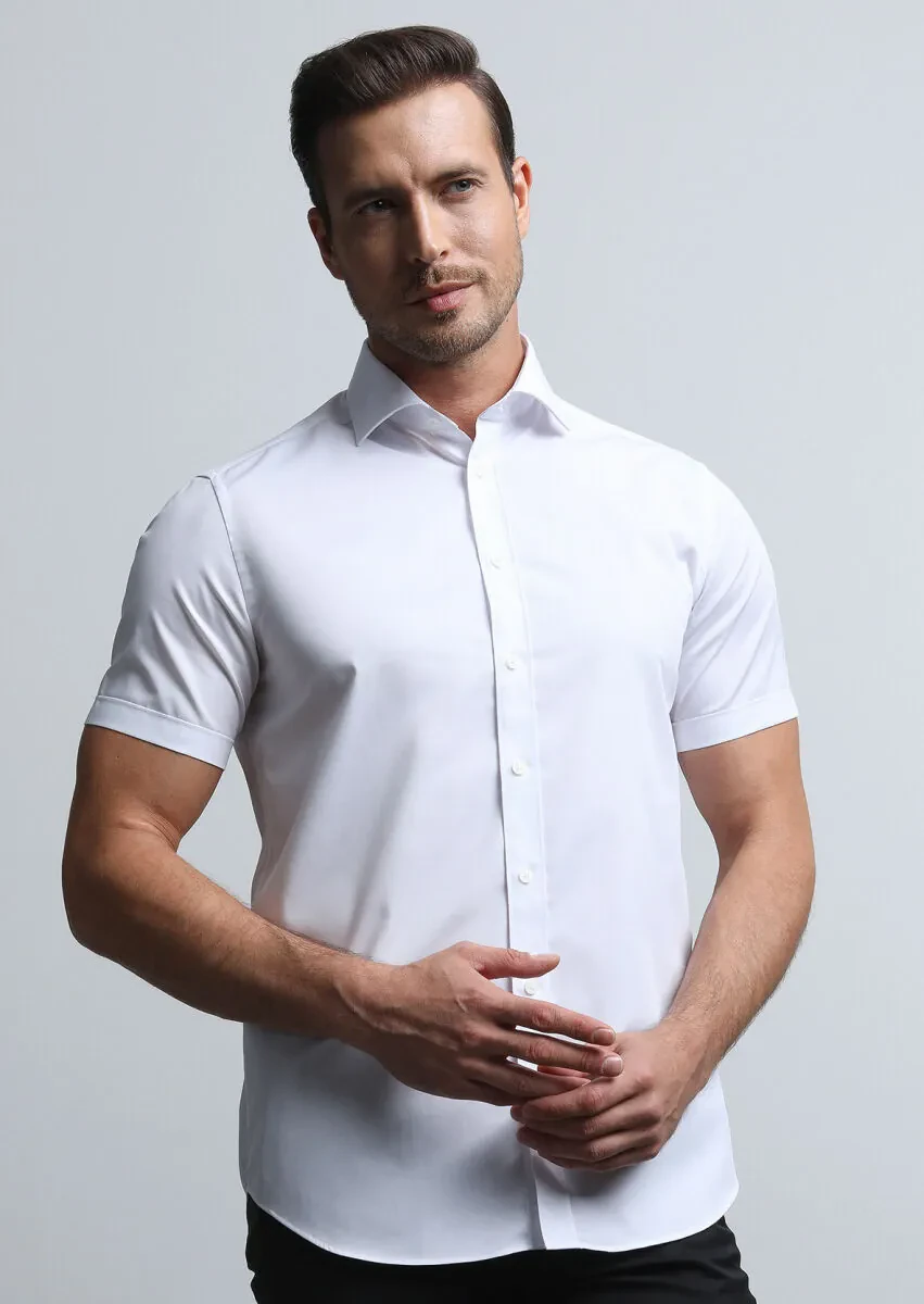 White Plain Regular Fit Weaving Classical Cotton Blended Shirt - 2