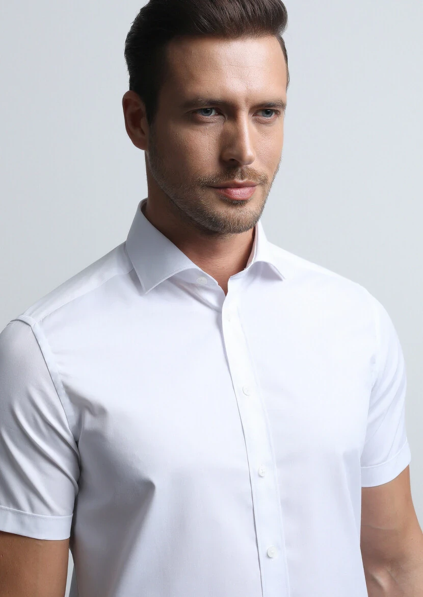 White Plain Regular Fit Weaving Classical Cotton Blended Shirt - 3