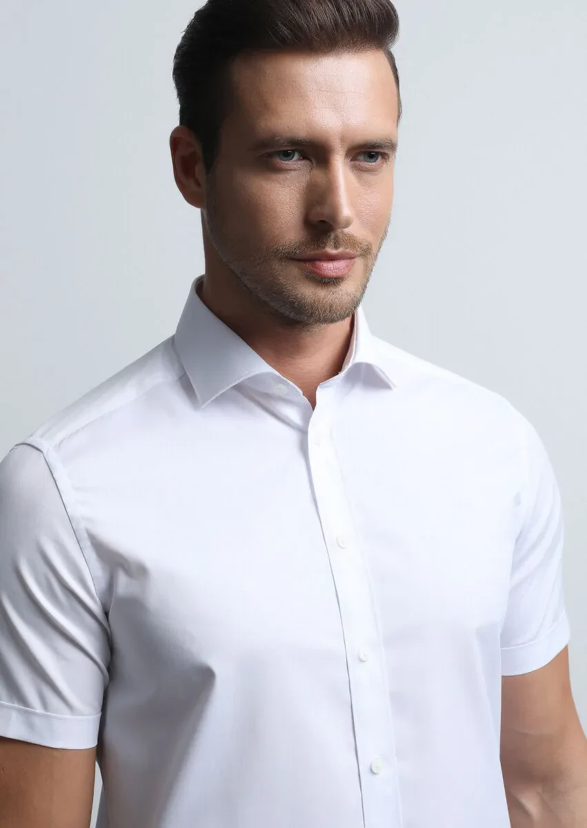 White Plain Regular Fit Weaving Classical Cotton Blended Shirt - 3