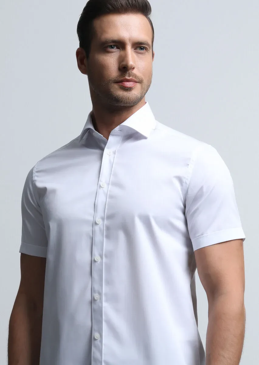 White Plain Regular Fit Weaving Classical Cotton Blended Shirt - 4